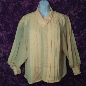 Vintage 80s Allison Smith Sheer Pleated Blouse Top -16 Flower Beads Yellow Flaws
